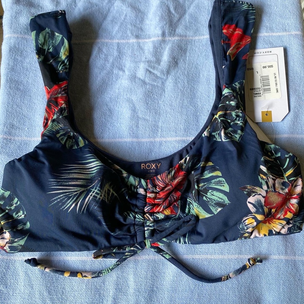 NWT Roxy navy blue floral swim top (large)